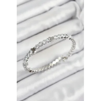 Pirinç Zirkon Taşlı Kalp Model Gümüş Renk Yaylı Kadın Bileklik