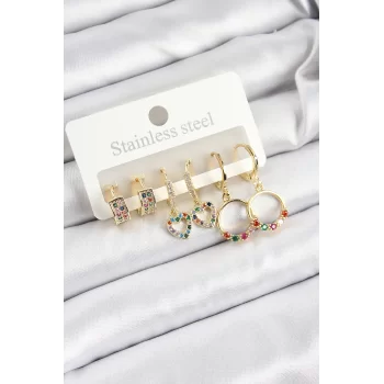 Pirinç Zirkon Taşlı Kalp Ve Halka Model Gold Renk 6lı Set Kadın Küpe