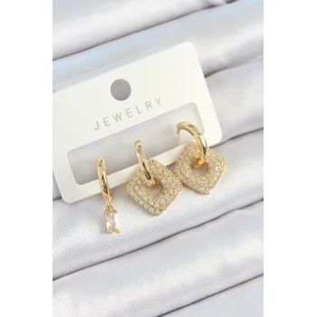 Pirinç Zirkon Taşlı Kare Model Gold Renk 3lü Çift Kadın Küpe Set