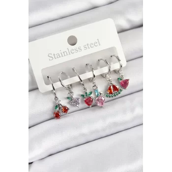 Pirinç Zirkon Taşlı Karpuz Yonca Kalp Pusula Karışık Model Gümüş Renk 6lı Set Kadın Küpe