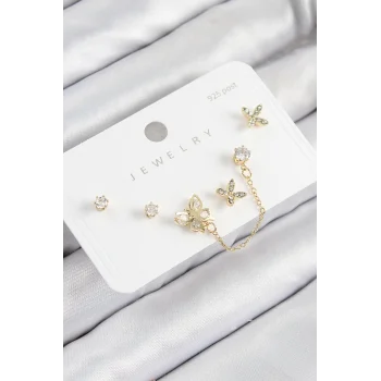Pirinç Zirkon Taşlı Kelebek Model Gold Renk 925 Ayar Gümüş Çivi Kadın Küpe Set