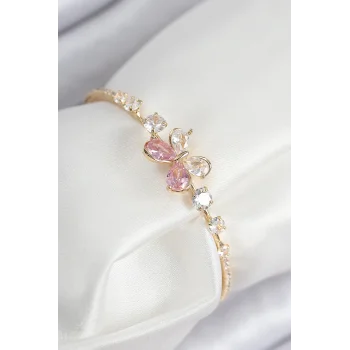 Pirinç Zirkon Taşlı Kelebek Model Gold Renk Kadın Bileklik