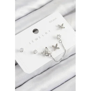 Pirinç Zirkon Taşlı Kelebek Model Gümüş Renk 925 Ayar Gümüş Çivi Kadın Küpe Set