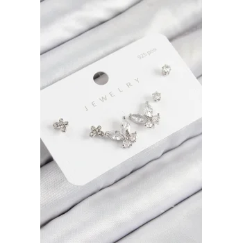 Pirinç Zirkon Taşlı Kelebek Model Gümüş Renk 925 Ayar Gümüş Çivi Kadın Küpe Set