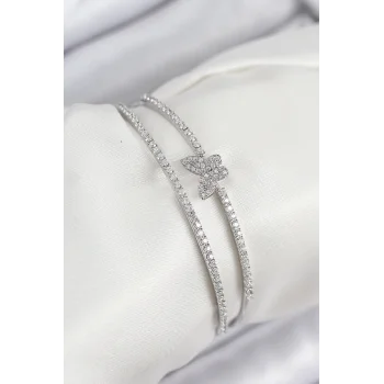 Pirinç Zirkon Taşlı Kelebek Model Gümüş Renk Kadın Bileklik