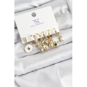 Pirinç Zİrkon Taşlı Kelebek ve Yıldız Model Gold Renk 3lü Çift Kadın Küpe