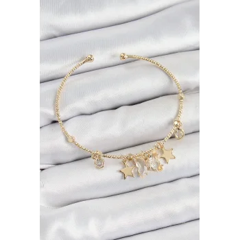 Pirinç Zirkon Taşlı Kelebek Ve Yıldız Model Gold Renk Charm Bileklik