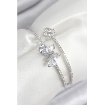 Pirinç Zirkon Taşlı Kelebek Ve Yonca Model Gümüş Renk Kadın Bileklik