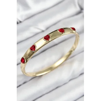 Pirinç Zirkon Taşlı Kırmızı Kalp Model Gold Renk Kadın Kelepçe