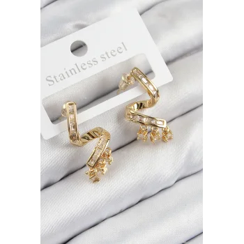 Pirinç Zirkon Taşlı Kıvrımlı Model Gold Renk Kadın Küpe