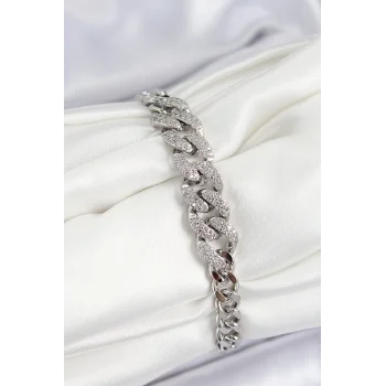 Pirinç Zirkon Taşlı Küba Zincir Model Gümüş Renk Kadın Bileklik