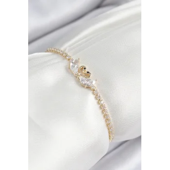 Pirinç Zirkon Taşlı Kuğu Model Gold Renk Asansörlü Kadın Bileklik