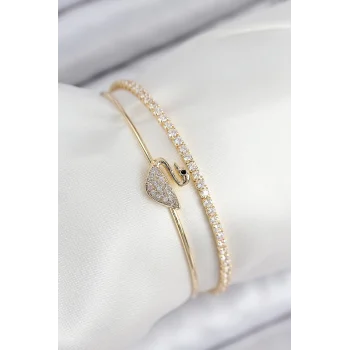 Pirinç Zirkon Taşlı Kuğu Model Gold Renk Kadın Bileklik