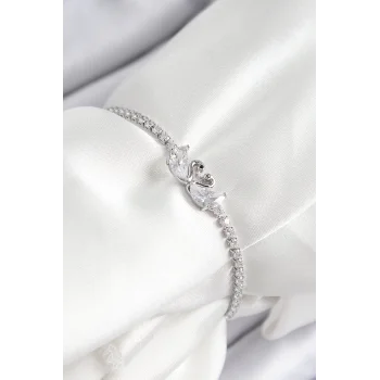 Pirinç Zirkon Taşlı Kuğu Model Gümüş Renk Asansörlü Kadın Bileklik