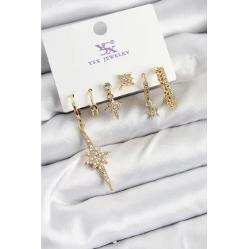 Pirinç Zİrkon Taşlı Kutup Yıldızı Model Gold Renk 3lü Çift Kadın Küpe