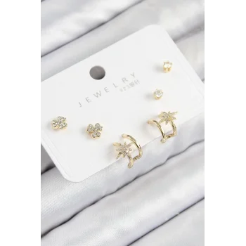 Pirinç Zirkon Taşlı Kutup Yıldızı Model Gold Renk 925 Ayar Gümüş Çivi Kadın Küpe Set