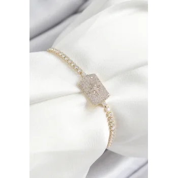 Pirinç Zirkon Taşlı Kutup Yıldızı Model Gold Renk Asansörlü Kadın Bileklik