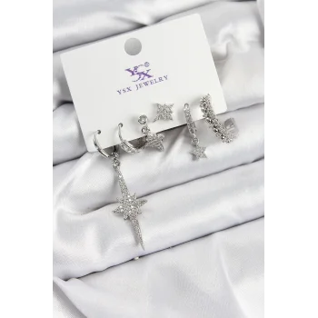 Pirinç Zİrkon Taşlı Kutup Yıldızı Model Gümüş Renk 3lü Çift Kadın Küpe