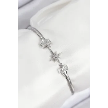 Pirinç Zirkon Taşlı Kutup Yıldızı Model Gümüş Renk Kadın Bileklik