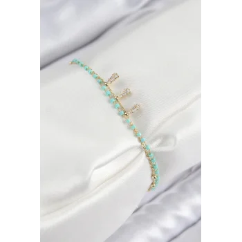 Pirinç Zirkon Taşlı Mavi Boncuklu Model Gold Renk Kadın Bileklik