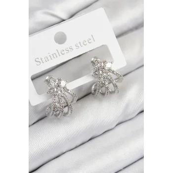 Pirinç Zirkon Taşlı Model Gümüş Renk Kadın Küpe