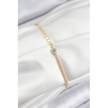 Pirinç Zirkon Taşlı Nazar Model Ezme Zincir Gold Renk Kadın Bileklik