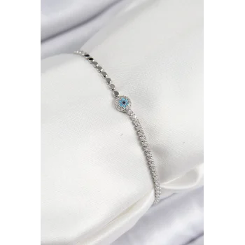 Pirinç Zirkon Taşlı Nazar Model Ezme Zincir Gümüş Renk Kadın Bileklik