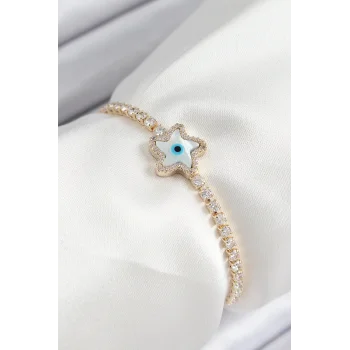 Pirinç Zirkon Taşlı Nazar Yıldız Model Gold Renk Asansörlü Kadın Bileklik