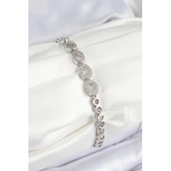 Pirinç Zirkon Taşlı Oval Model Gümüş Renk Kadın Bileklik