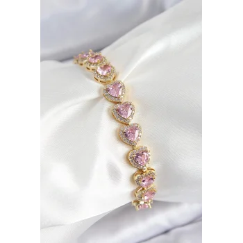 Pirinç Zirkon Taşlı Pembe Kalp Baget Model Gold Renk VIP Seri Kadın Bileklik