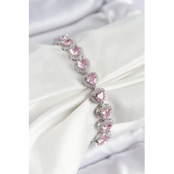 Pirinç Zirkon Taşlı Pembe Kalp Baget Model Gümüş Renk VIP Seri Kadın Bileklik