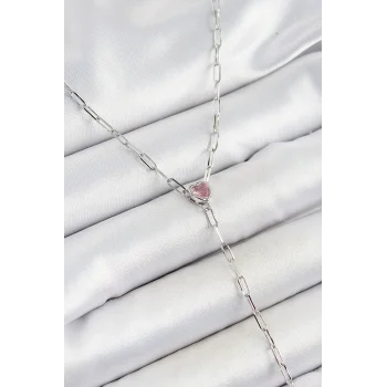 Pirinç Zirkon Taşlı Pembe Kalp Figürlü Y Model Gümüş Renk Kadın Kolye