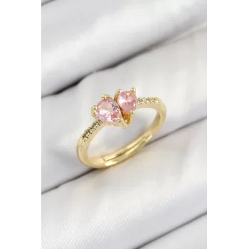 Pirinç Zirkon Taşlı Pembe Kalp Model Gold Renk Kadın Yüzük
