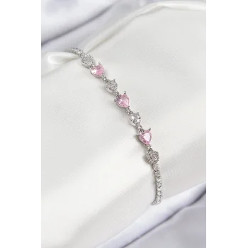Pirinç Zirkon Taşlı Pembe Kalp Model Gümüş Renk Kadın Bileklik