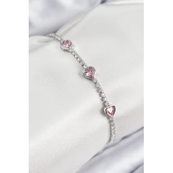 Pirinç Zirkon Taşlı Pembe Kalp Model Gümüş Renk Kadın Bileklik
