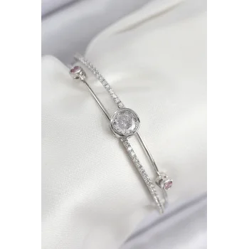 Pirinç Zirkon Taşlı Pırlanta Model Gümüş Renk Kadın Bileklik