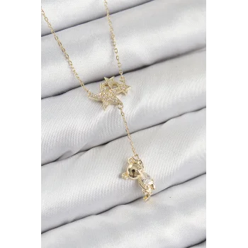 Pirinç Zirkon Taşlı Sallantılı Ayıcıklı Yıldız Model Gold Renk Kadın Kolye
