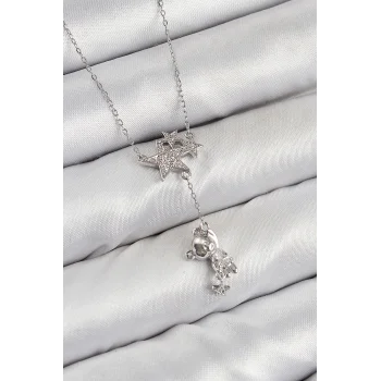 Pirinç Zirkon Taşlı Sallantılı Ayıcıklı Yıldız Model Gümüş Renk Kadın Kolye