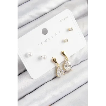 Pirinç Zirkon Taşlı Sallantılı Damla Model Gold Renk 925 Ayar Gümüş Çivi Kadın Küpe Set