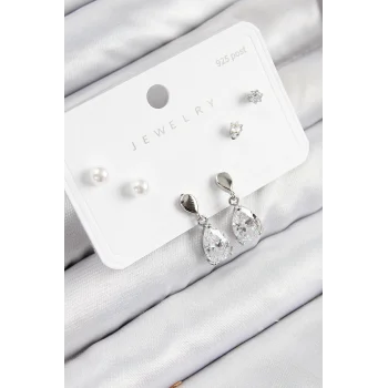 Pirinç Zirkon Taşlı Sallantılı Damla Model Gümüş Renk 925 Ayar Gümüş Çivi Kadın Küpe Set