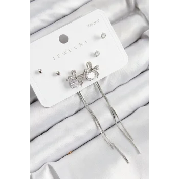 Pirinç Zirkon Taşlı Sallantılı Fiyonk Model Gümüş Renk 925 Ayar Gümüş Çivi Kadın Küpe Set