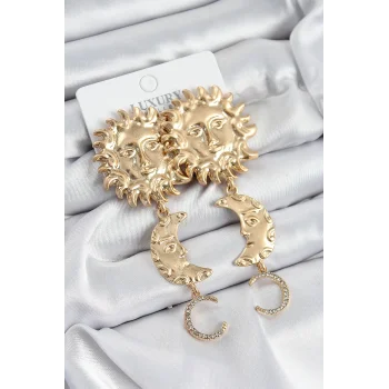 Pirinç Zirkon Taşlı Sallantılı Güneş Model Gold Renk Kadın Küpe
