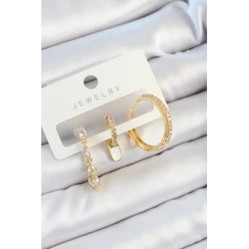 Pirinç Zirkon Taşlı Sallantılı Model Gold Renk 3lü Çift Kadın Küpe Set