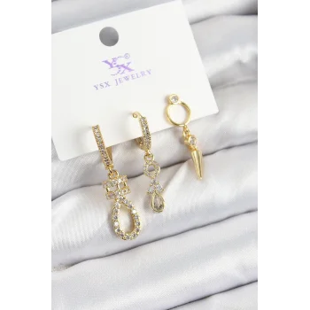 Pirinç Zİrkon Taşlı Sallantılı Model Gold Renk 3lü Kadın Küpe