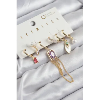 Pirinç Zirkon Taşlı Sallantılı Ve İncili Gold Renk 6lı Küpe Set