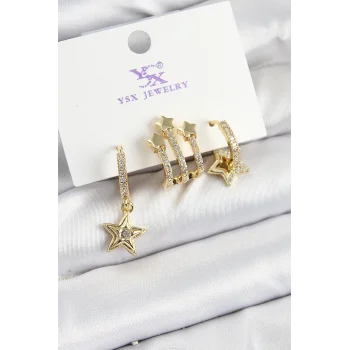 Pirinç Zİrkon Taşlı Sallantılı Yıldız Model Gold Renk 3lü Kadın Küpe