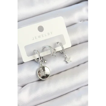 Pirinç Zirkon Taşlı Sallantılı Yıldız Model Gümüş Renk 3lü Çift Kadın Küpe Set