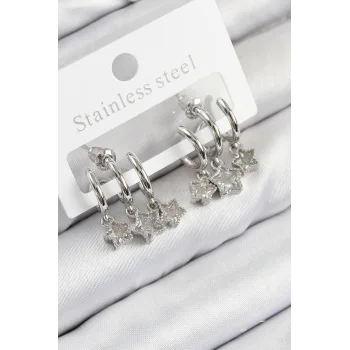 Pirinç Zirkon Taşlı Sallantılı Yıldız Model Gümüş Renk Kadın Küpe