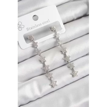 Pirinç Zirkon Taşlı Sallantılı Yıldız Model Gümüş Renk Kadın Küpe