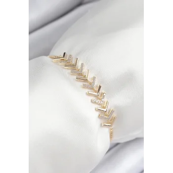 Pirinç Zirkon Taşlı Sıralı Ok Model Gold Renk Asansörlü Kadın Bileklik